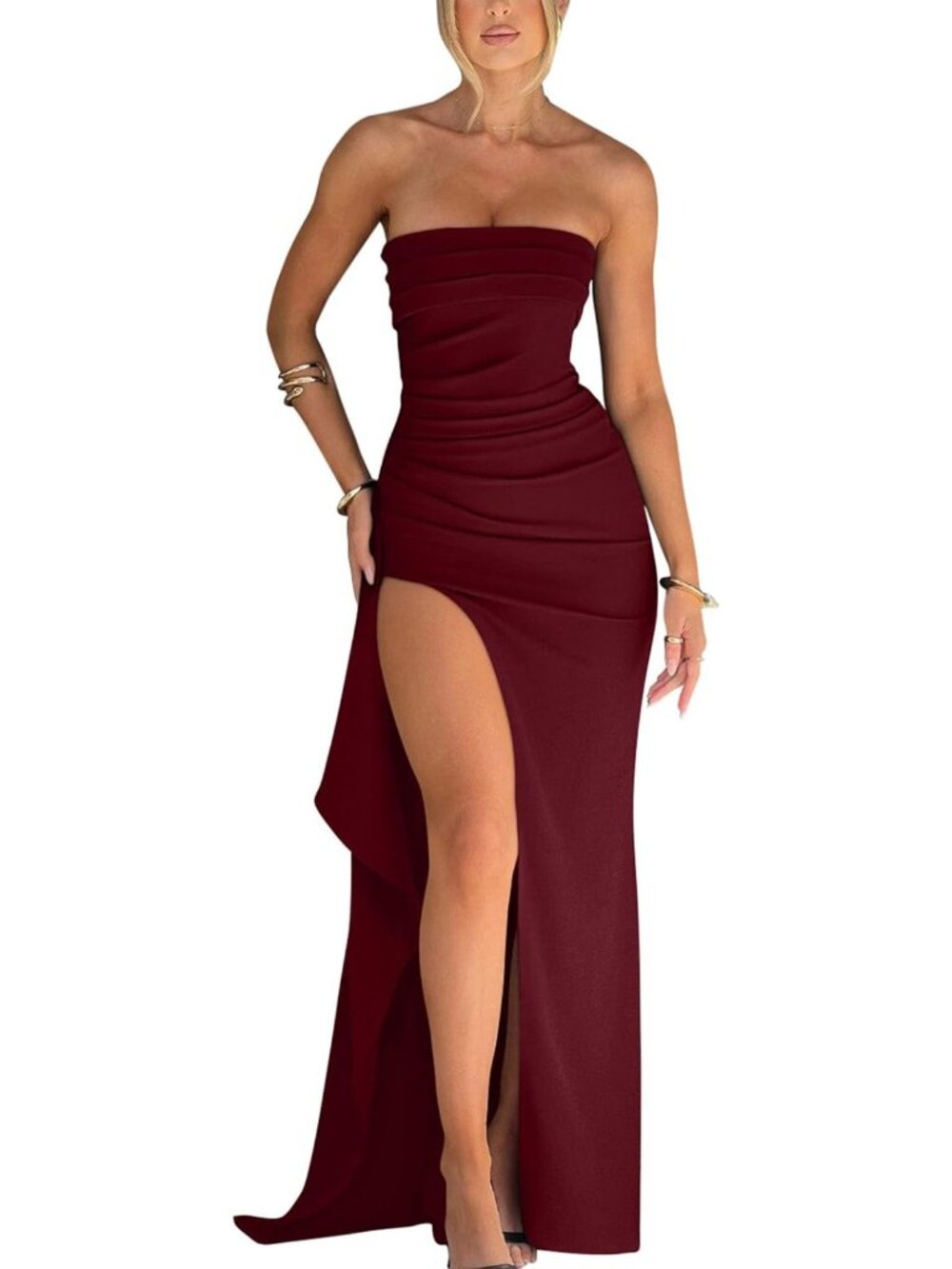 Burgundy Strapless Ruched High Slit Long Formal Evening Prom Party Gown Sz M-XL